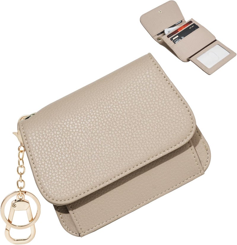 Sunpour Women Small Wallet RFID Blocking Slim Wallet with Coin Pocket Tri-Fold Credit Card Holder with ID Window and Keychain (Khaki) - Image 1